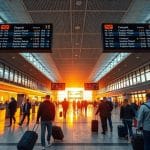 Traveler searching for the cheapest flights in 2026 on a laptop at an airport