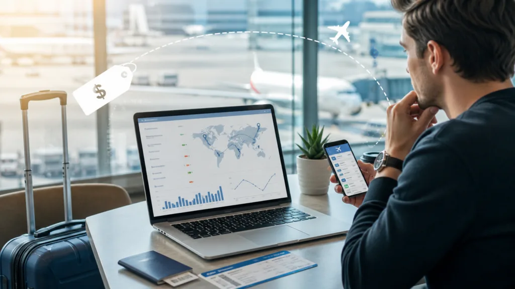 Traveller checking baggage fees at a budget airline check-in counter