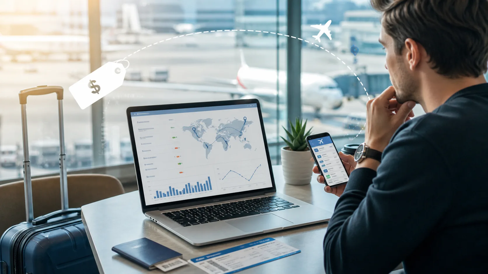 Traveller checking baggage fees at a budget airline check-in counter