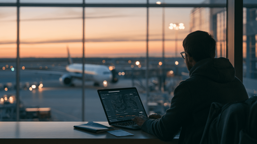 Traveler searching for cheap flights on a laptop at an airport