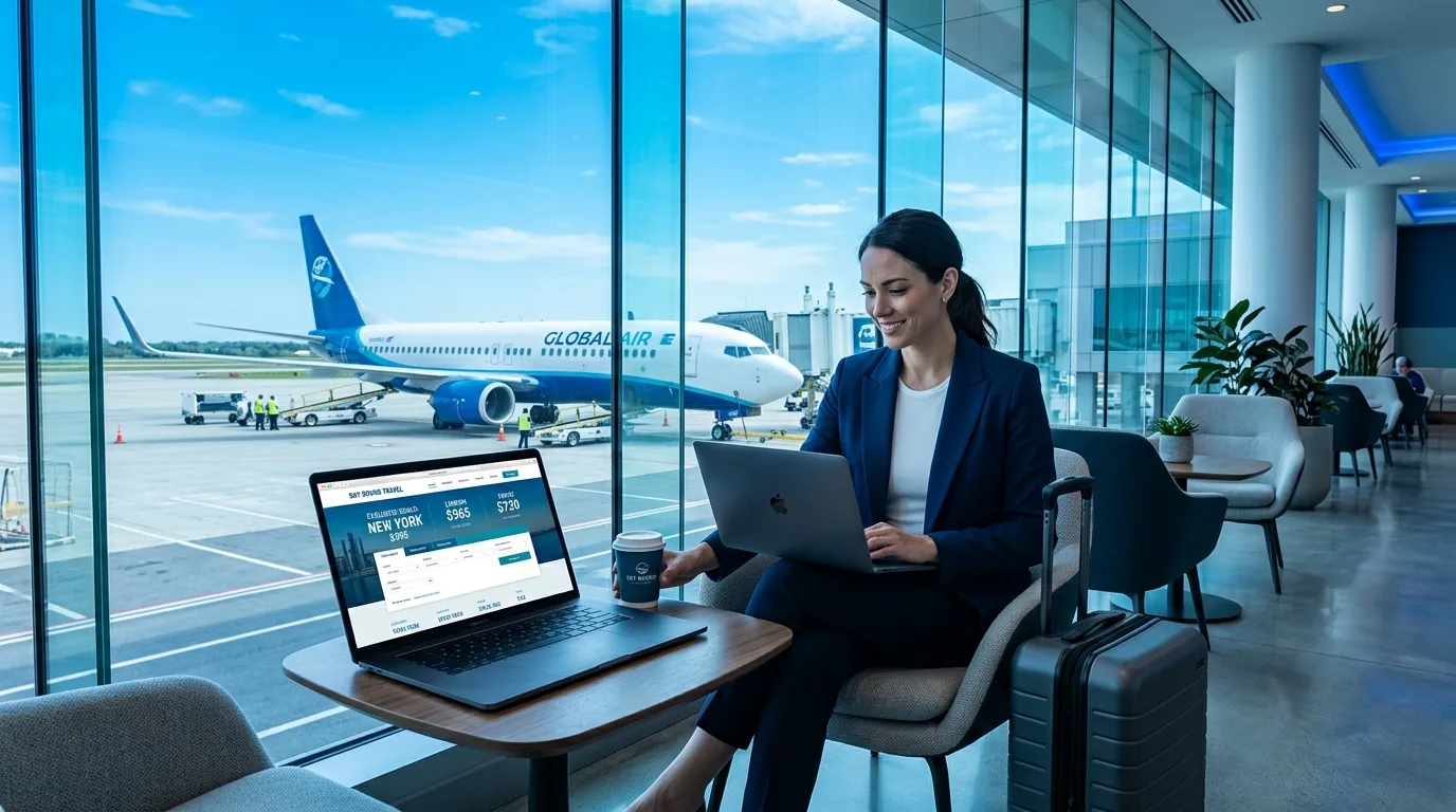 Traveler searching and comparing cheap flight deals on laptop