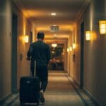 Traveller checking into accommodation after a late-night flight arrival
