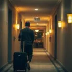 Traveller checking into accommodation after a late-night flight arrival