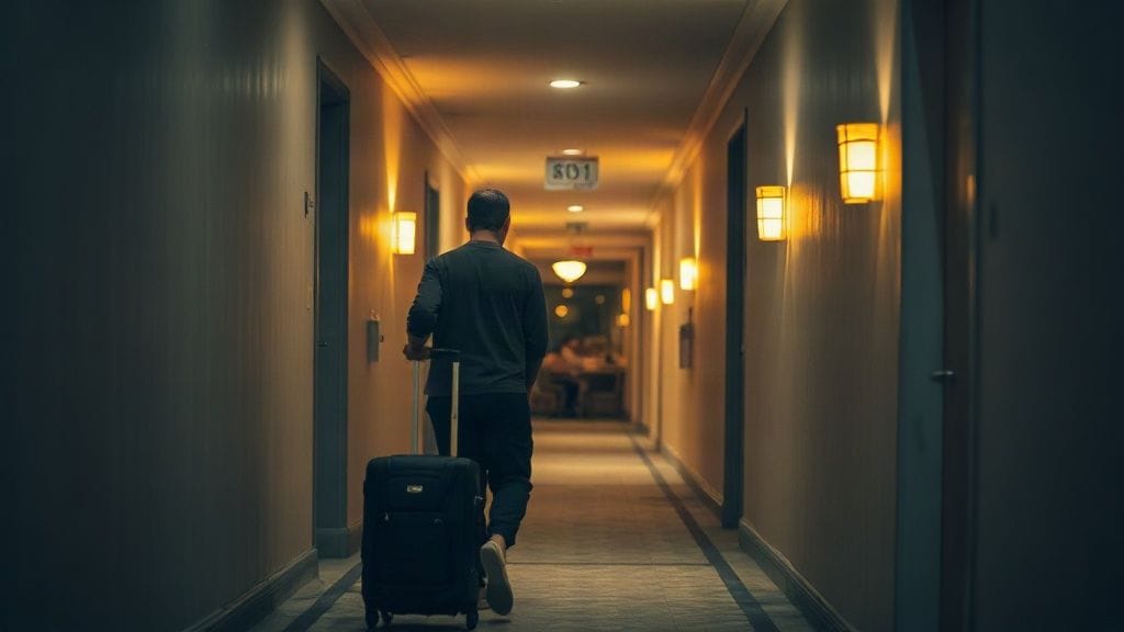 Traveller checking into accommodation after a late-night flight arrival