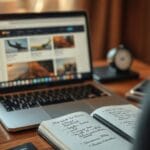 Traveller using a laptop to compare airfares across multiple booking platforms