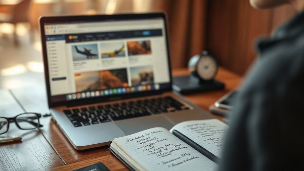 Traveller using a laptop to compare airfares across multiple booking platforms