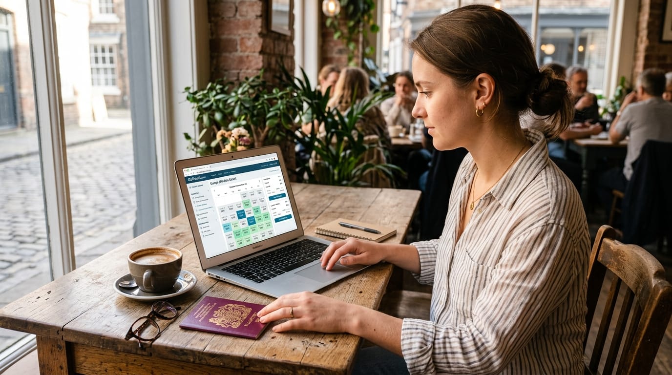 Traveler searching flexible flight fare calendar on laptop