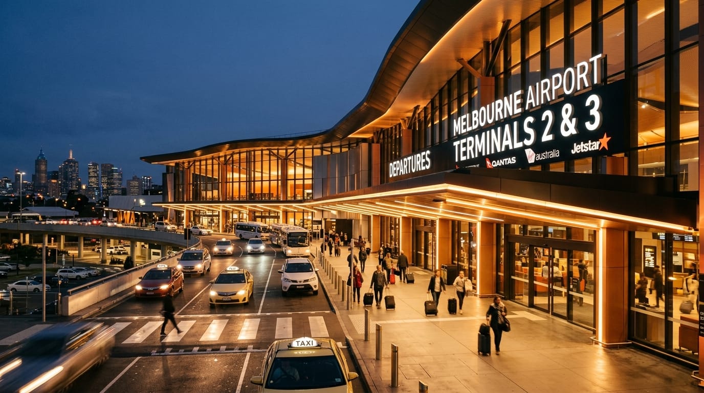 Melbourne Airport departure terminals entrance at dusk