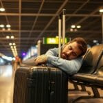 Traveller considering layover lodging options at an international airport terminal