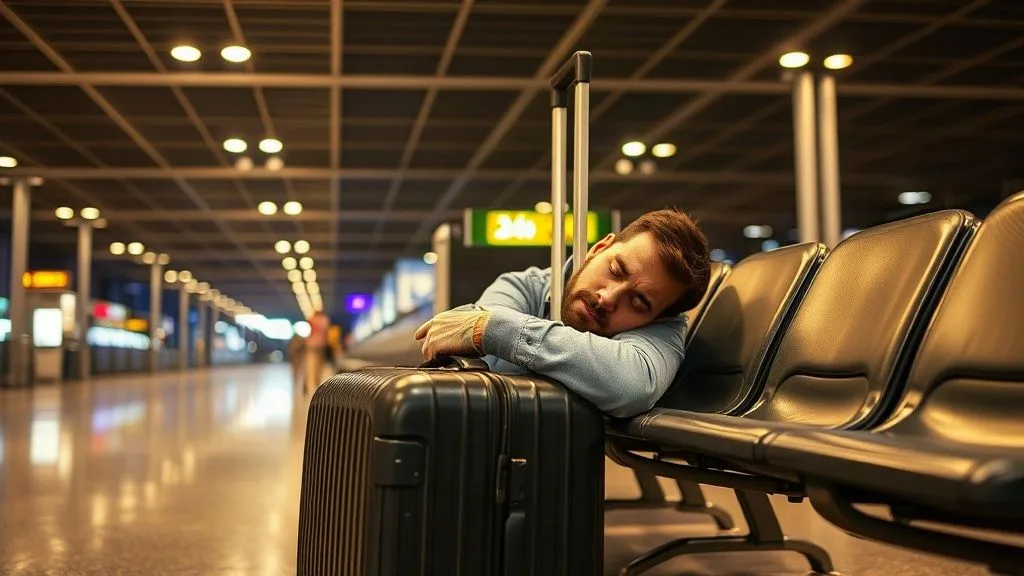 Traveller considering layover lodging options at an international airport terminal