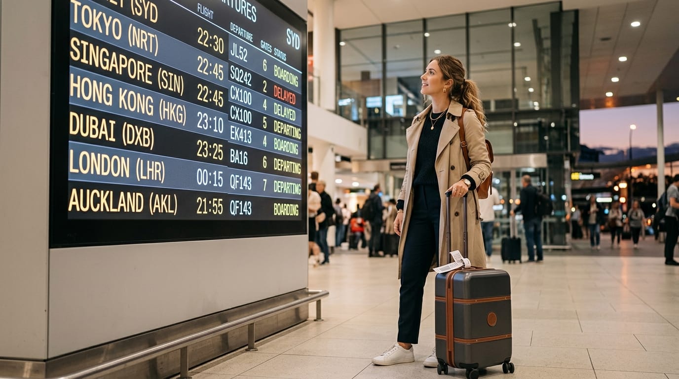 Traveler checking direct flight destinations on departure board in Sydney